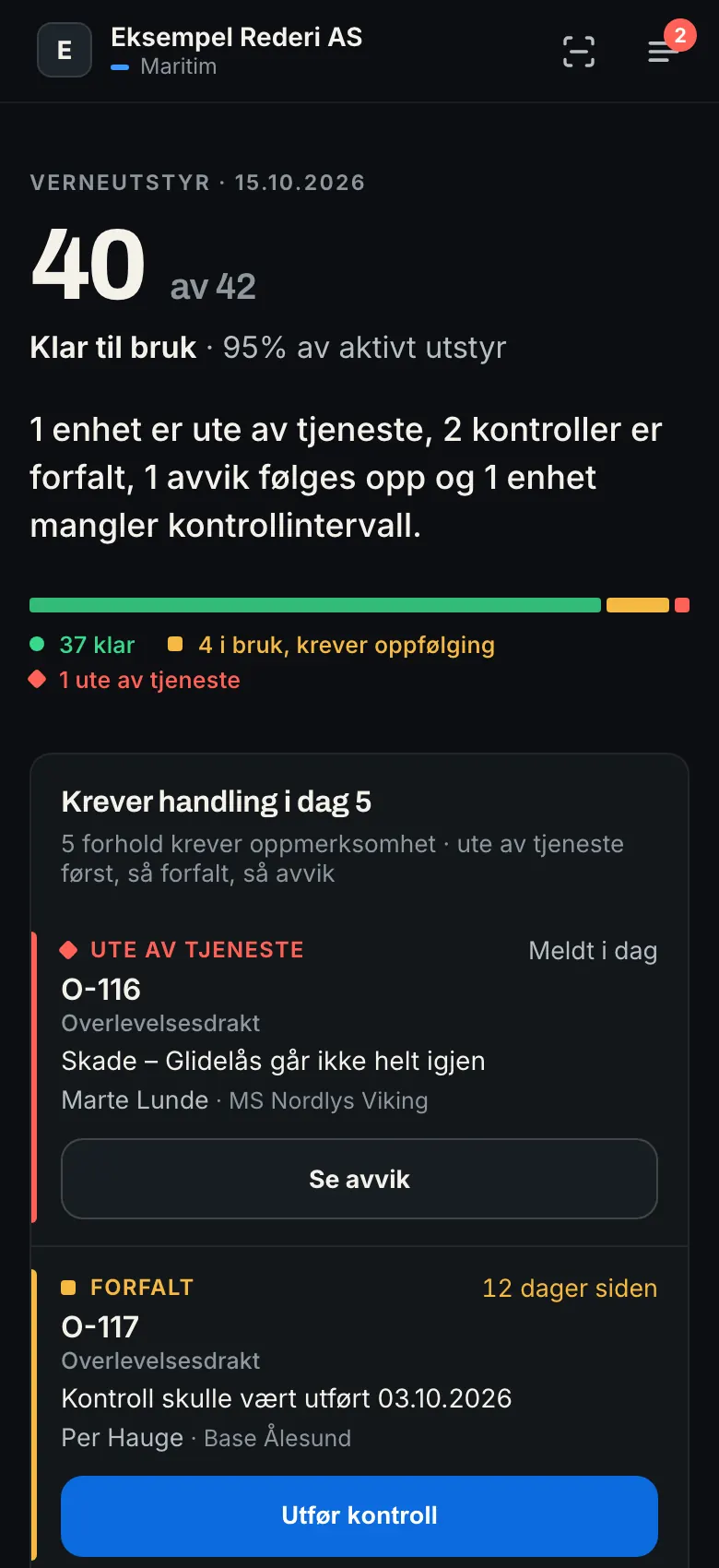 PVURA Control på mobil for et rederi: 40 av 42 klare og det som krever handling i dag