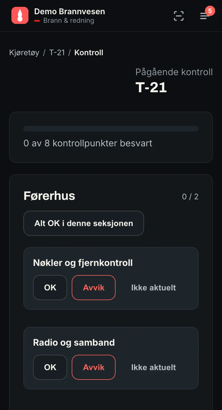 Vognkontroll pågår: kontrollpunkter i førerhuset med valgene OK, Avvik og Ikke aktuelt
